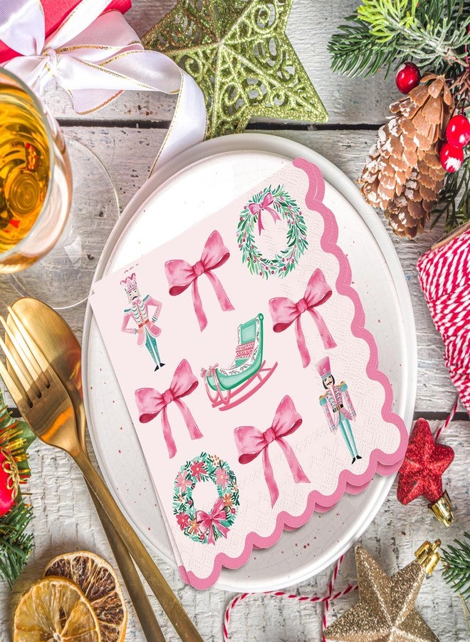 Whaline 100Pcs Christmas Scalloped Paper Napkin Pink Green Nutcracker Wreath Bow Disposable Luncheon Napkins Dinner Hand Napkins for Xmas Party Supplies Table Decor - Image 5